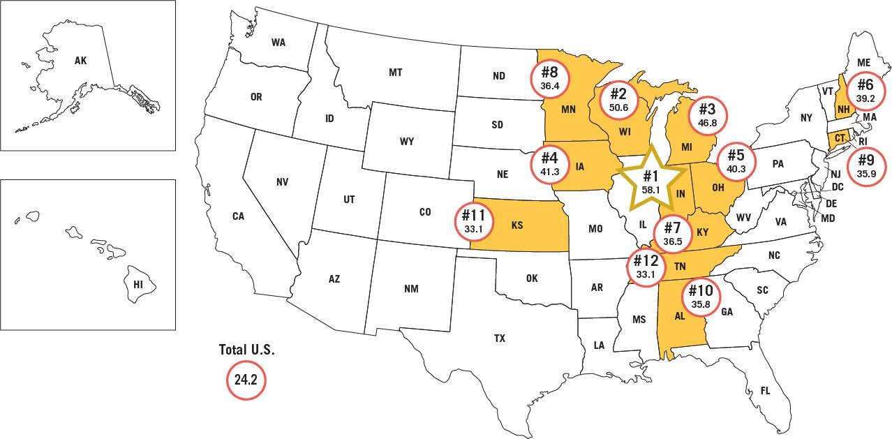 Map 2: Top 12 – Rankings of States by Industrial Sub-Sector Jobs – “Concentration - Durables Manufacturing Jobs Per Million Residents of the State