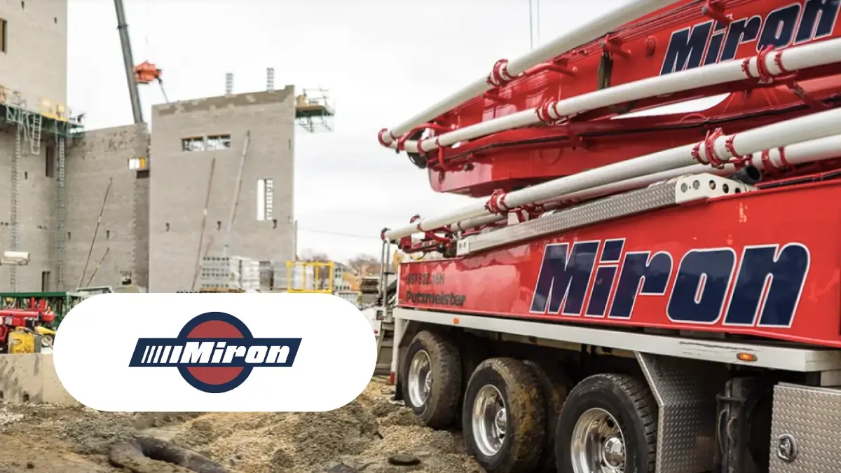 Miron construction equipment on a construction site and Miron logo