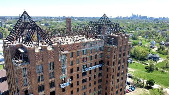 The current state of Detroit’s Lee Plaza, a once grand Art Deco high-rise