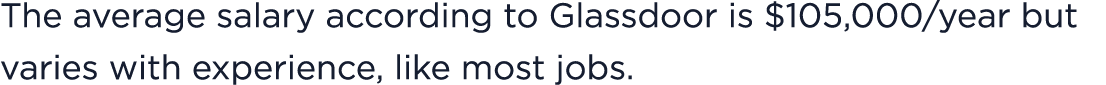 The average salary according to Glassdoor is $105,000/year but varies with experience, like most jobs.