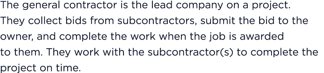 The general contractor is the lead company on a project. They collect bids from subcontractors, submit the bid to the...