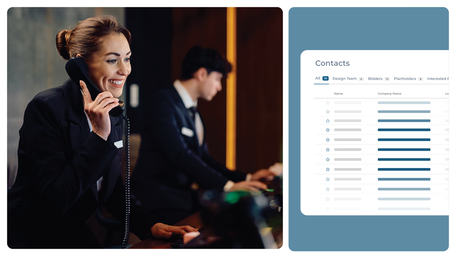 Woman working a hotel lobby talking on a handheld phone. Snapshot of the contacts interface depicting ConstructConnect project data benefits