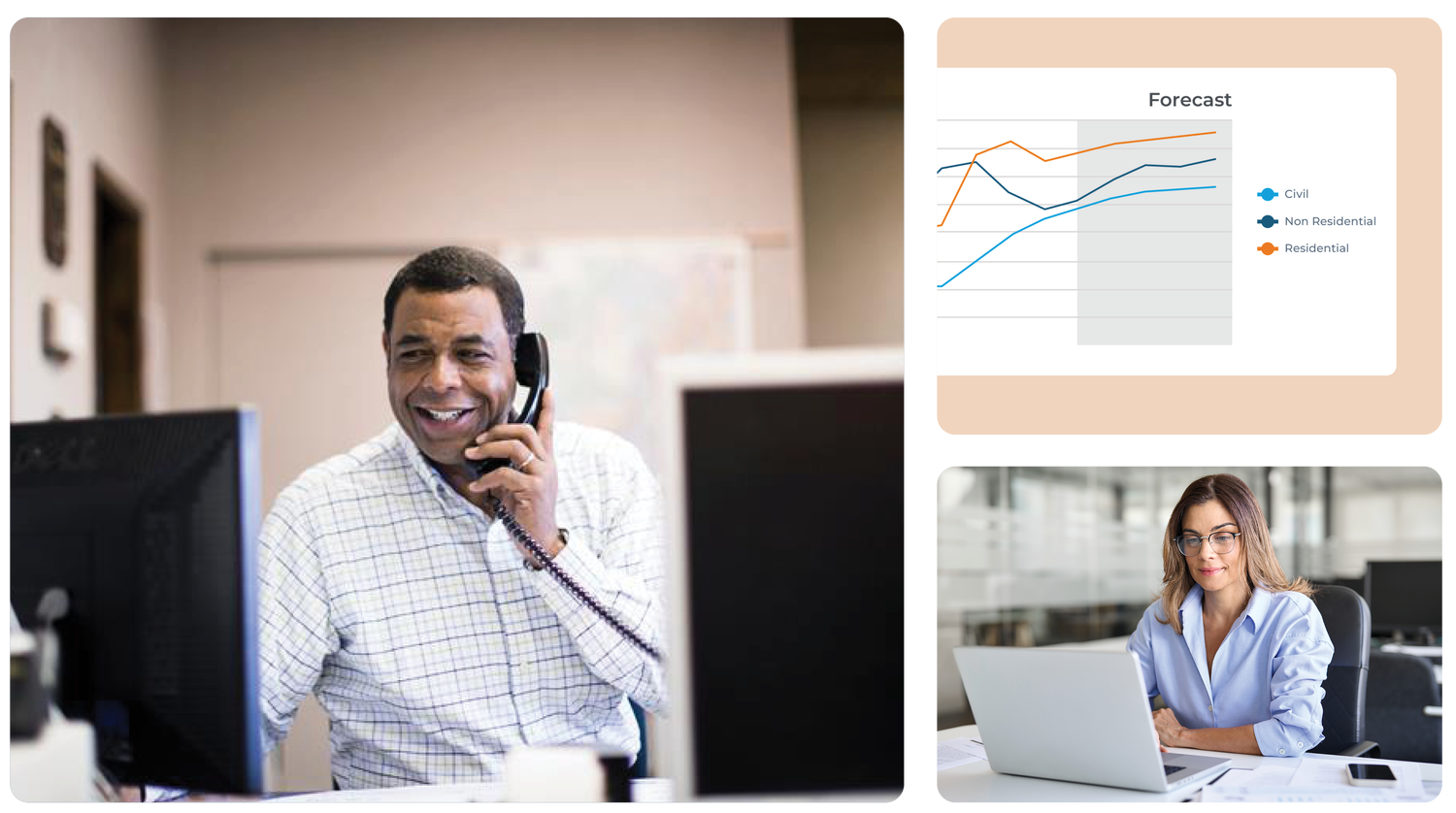 An office employee talking on an office phone. Also an image of a forklift in a warehouse.
