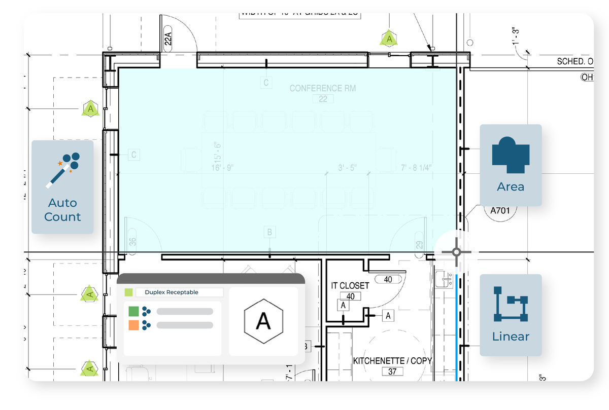 Digital takeoff on floor plan with linear and area measurements, including automatic count calculations for accurate project estimation.