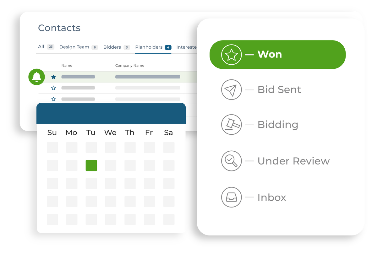 Comprehensive contact list of construction project design team, bidders, planholders, and interested parties, with calendar and bid pipeline tracking: inbox, under review, bidding, bid sent, and won projects.
