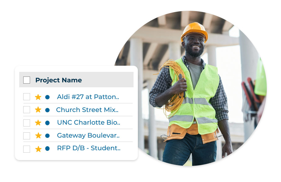 A person wearing a safety vest and hard hat, with an extension cord wrapped around their shoulder, smiling under a bridge at a construction site. There is an overlaid image with a list of five commercial construction projects available for bid.