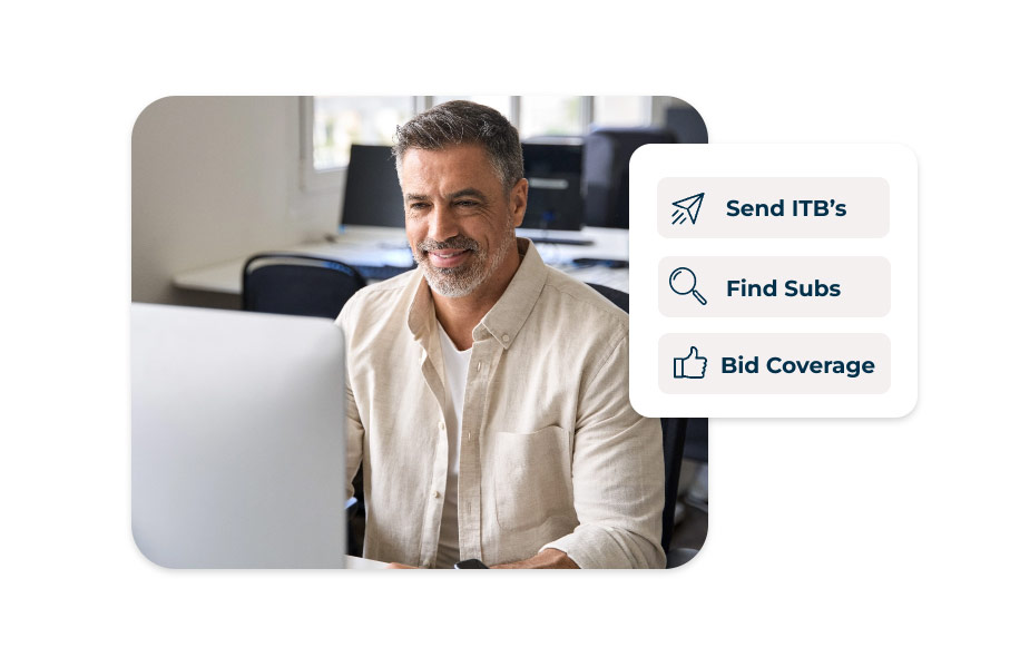 A person in a beige shirt with a slight smile on their face, sitting at a desk and looking at a computer screen, intended for construction professionals and potential prospects for construction software. There is a small overlaid image with the options to 'Send ITBs,' 'Find Subs,' and 'Bid Coverage.'