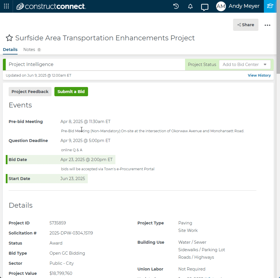 Walkthrough of the bid submission process in ConstructConnect Project Intelligence, selecting recipients, entering bid amount, and project details. 