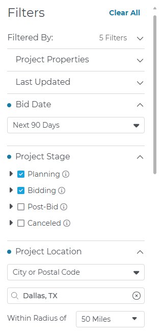 Project Intelligence filters including Bid Date, Project Stage, and Project Location