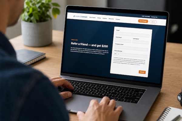 Person using a laptop displaying a ConstructConnect referral form on screen.