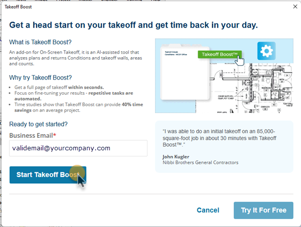 Takeoff Boost Trial request dialog box