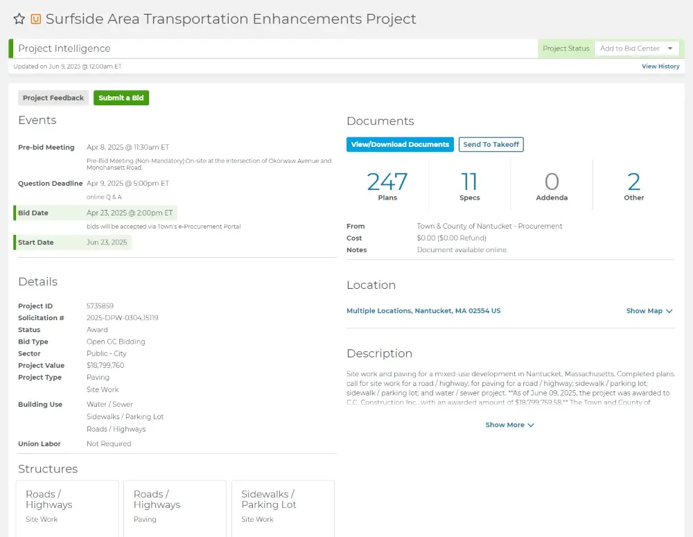 A Project Details Page in ConstructConnect Project showing information like the important dates, documents, location, project description, and more.